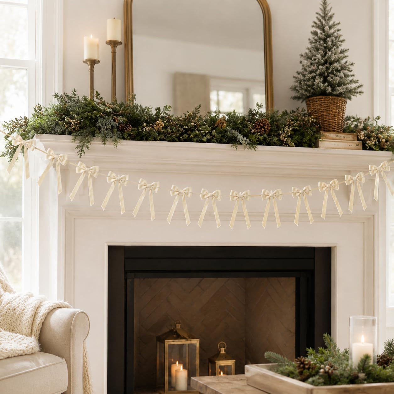 10ft Beige Neutral Christmas Velvet Bows Garland Banner Decoration Decor