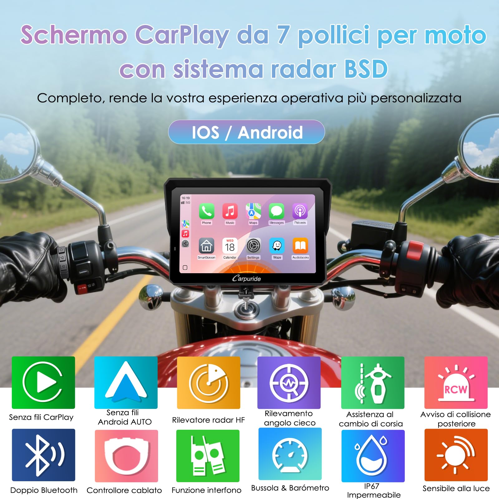 CARPURIDE W702RS Pro Moto Carplay Schermo con Radar BSD e BM05 Mount, Wireless CarPlay & Android Auto, 7 pollici Impermeabile Touchscreen, Funzione Interfono, Dual Bluetooth, Wired Controller, Navi.