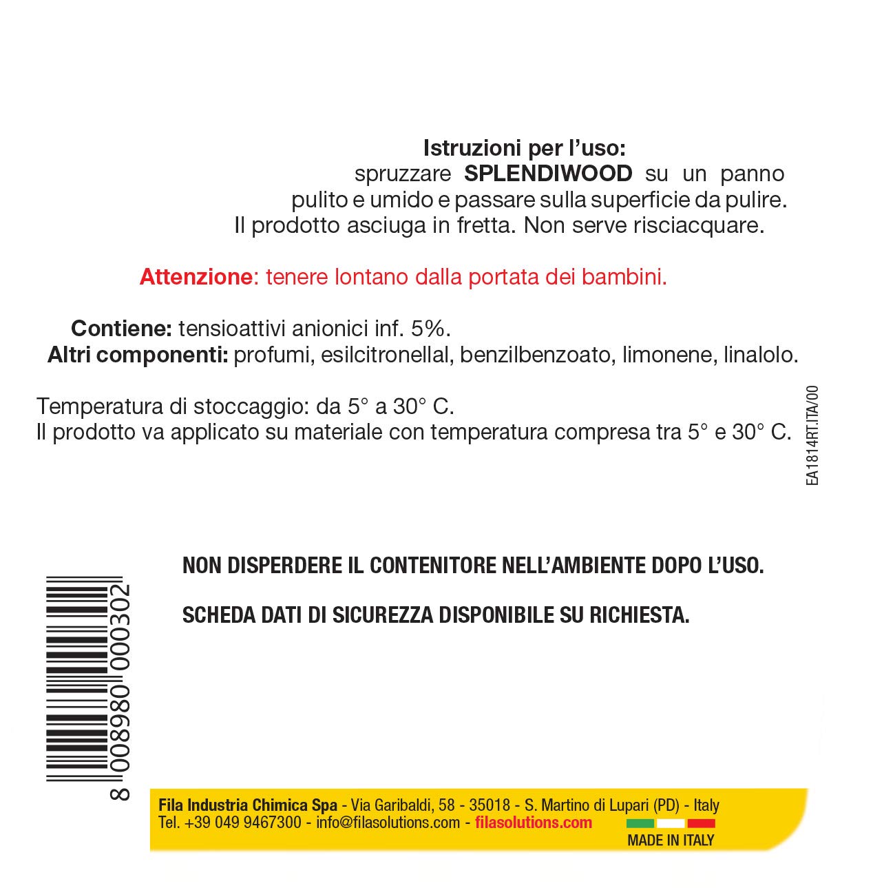 FILA Surface Care Solutions, SPLENDIWOOD, Detergente Spray per Legno, 750ml