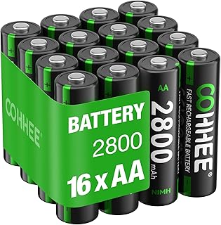 OOHHEE Rechargeable AA Batteries 16 Piece, 1200 Tech AA Batteries, Ni-MH 2800mAh AA Battery, Low Self-Discharge 1.2V AA Battery, with 4 x Battery Protection Boxes