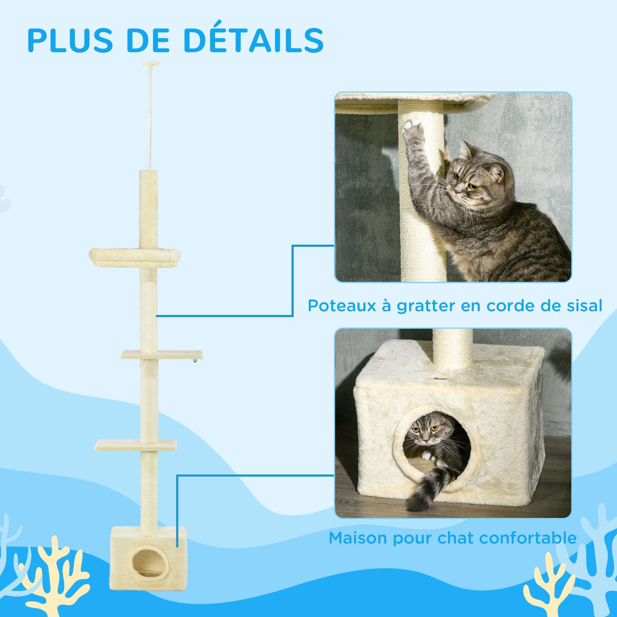 PawHut Arbre à Chat Hauteur réglable de 230 à 260 cm Tour de Jeux pour Chat Poteau à griffer 4 Niveaux d'activités avec Niche Peluche Beige