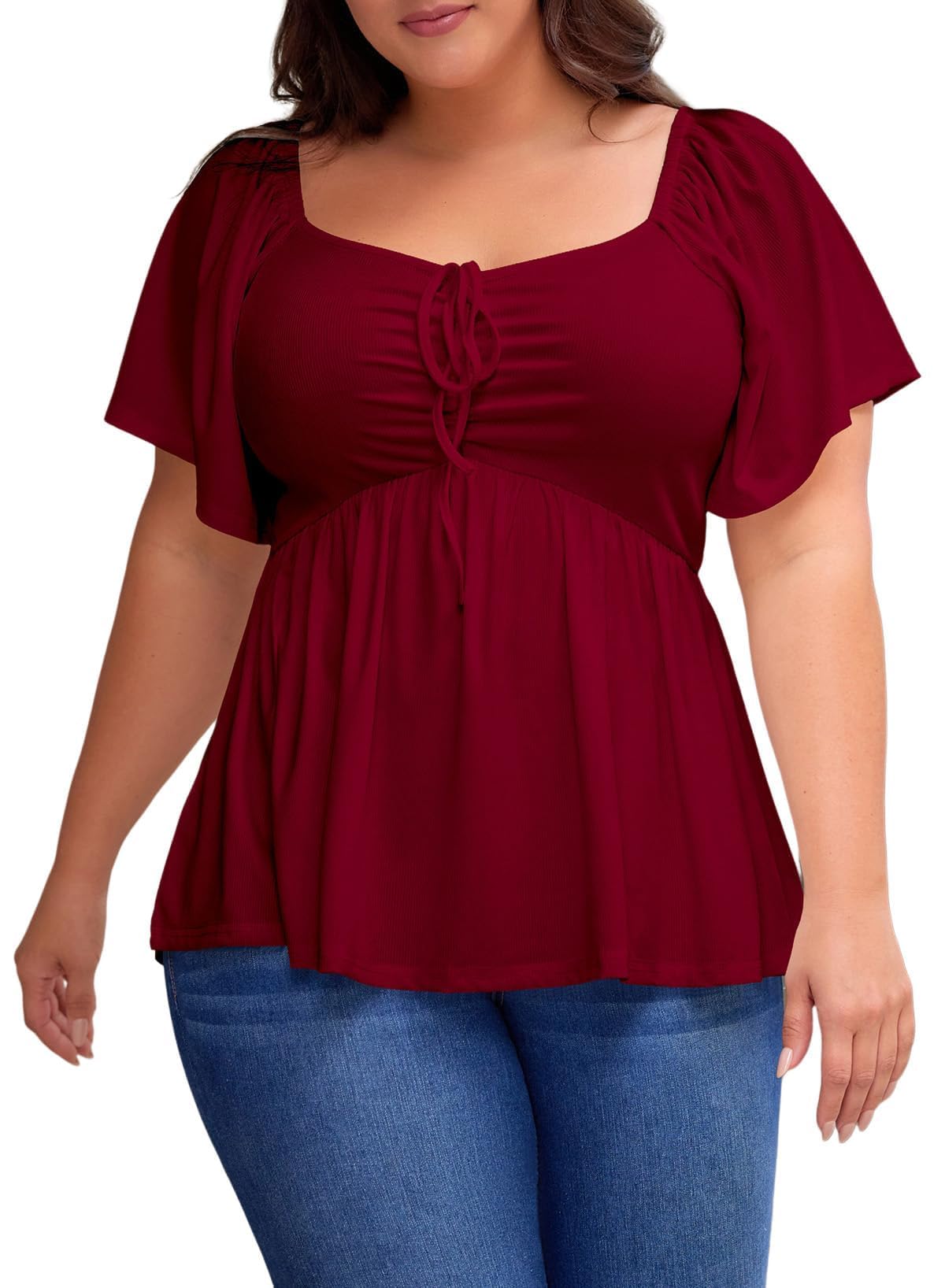 Eytino Womens Plus Size Tops Short Sleeve Sweetheart Neck Shirred Peplum Blouse Shirts