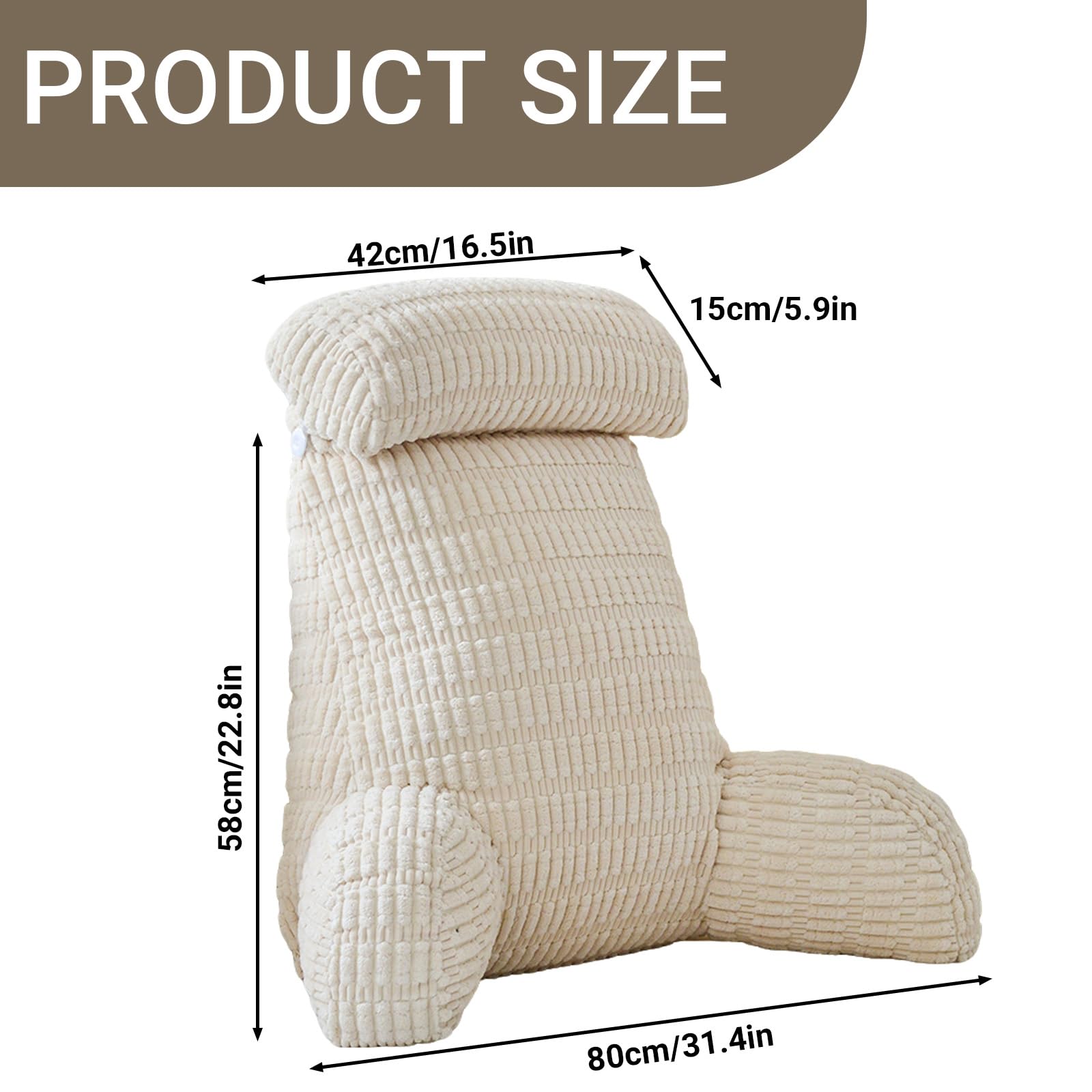 Coussin de Lecture pour Lit et Canapé, 80x55x40cm Oreiller de Lecture Dossier de Lit avec Accoudoirs, Oreiller Cervical et Poches de Rangement, Coussin Dossier Canapé pour lecture, Détente, Beige