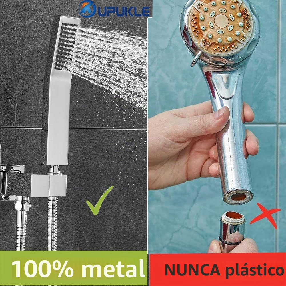 Alcachofa de ducha con manguera, Oupukle latón alcachofa de ducha con manguera de 1,5m de acero inoxidable, cabezal de ducha alta presión, ahorro de agua(cuadrada)