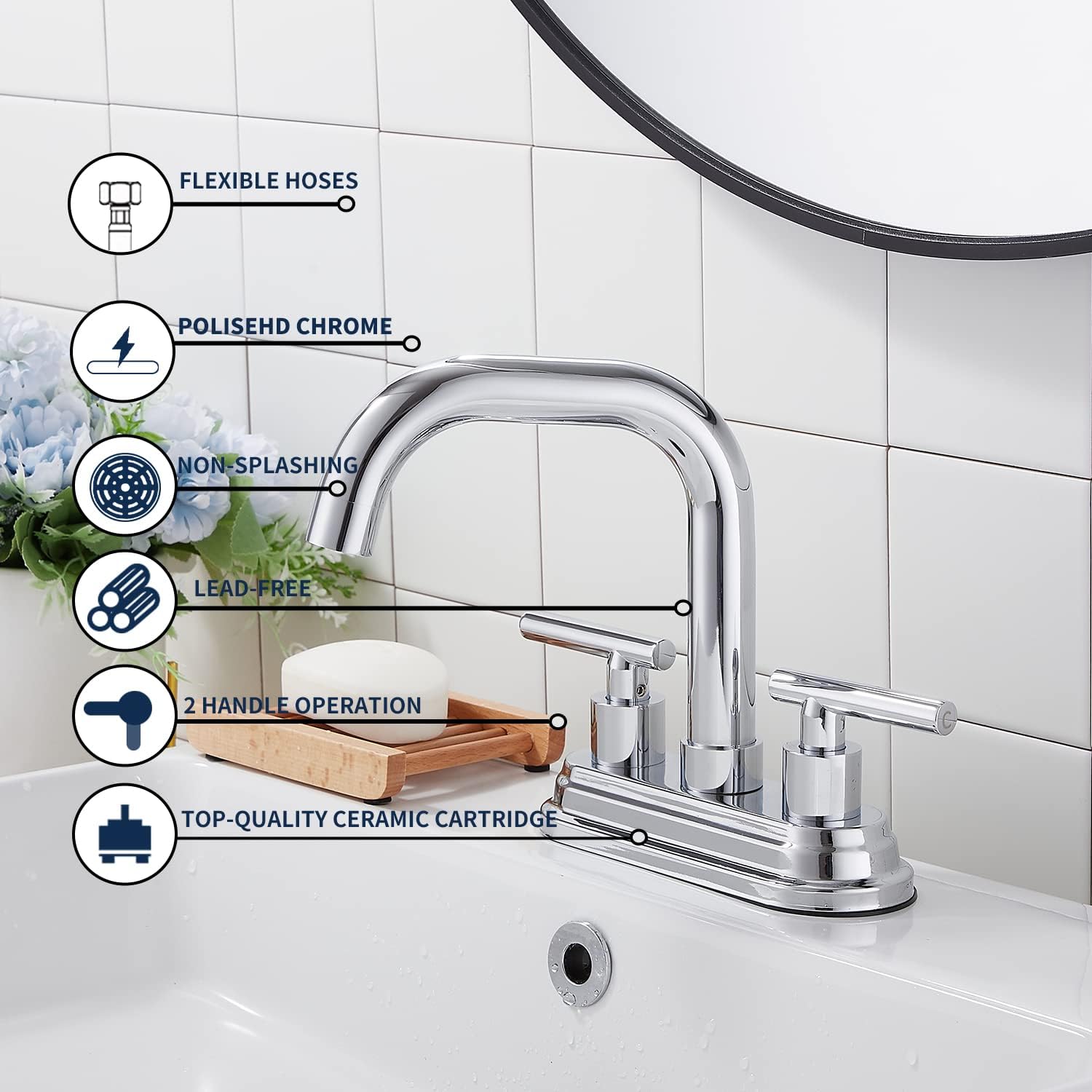 Get Popular Offer 2 Handles Bathroom Faucet GGStudy Chrome Bathroom Sink Faucet 4 Inches Centerset Bathroom Vanity Faucet with Drain Assembly and Supply Hose Lavatory Faucet Mixer Double Handle Tap Deck Mounted