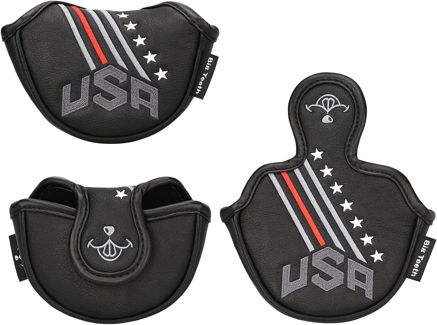 Big Teeth Golf Cover USA Stripe and Star Headcover Covers, Driver Fairway Wood Hybrid Headcovers Fits Blade Mallet Putter Iron and Woods with Magnetic Club Protector Pu Leather Golf Accessories