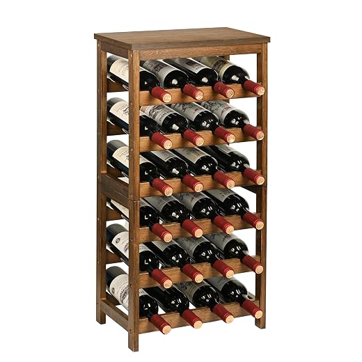 VASMIA Wine Rack Freestanding Floor, 6-Tier Display Wine Storage Shelves with Table Top, 24-Botttle Bamboo Wine Rack Shelf for Kitchen Bar Dining Room Living Room, Walnut
