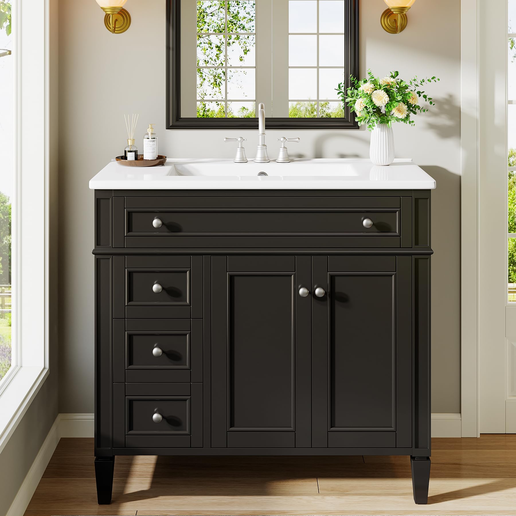 Photo 1 of *MAJOR DAMAGE*
Tribesigns 36" Bathroom Vanity with Sink, Modern Bathroom Sink Cabinet with 4 Drawers & 2 Doors, Bath Storage Vanity Sink with Metal Handles, Solid Wood Frame, Paint Surface Black