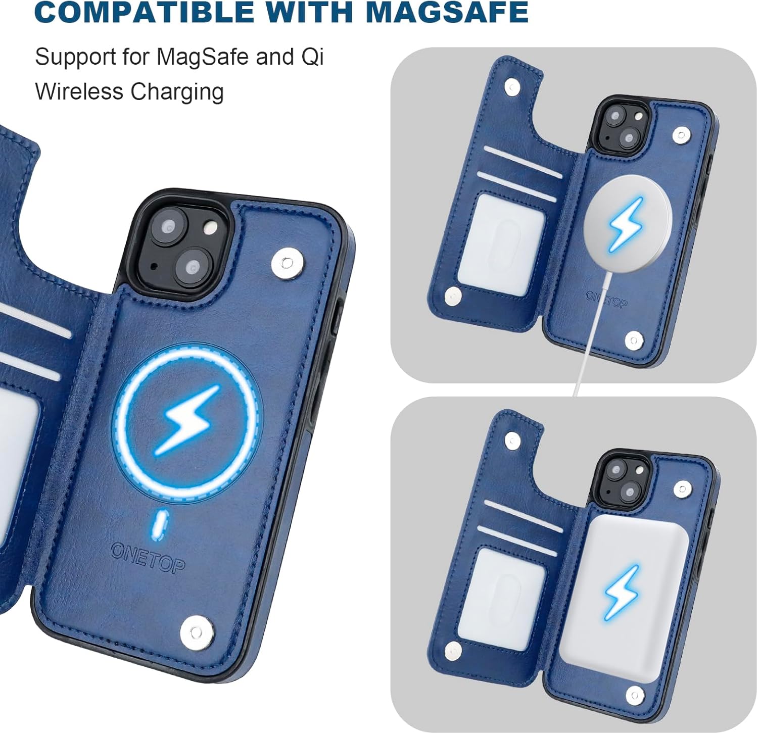 ONETOP Compatible with Magsafe for iPhone 13 Wallet Case with Card Holder, PU Leather Kickstand RFID Blocking Case, Double Magnetic Clasp and Durable Shockproof Cover 6.1 Inch (Blue) - Image 5
