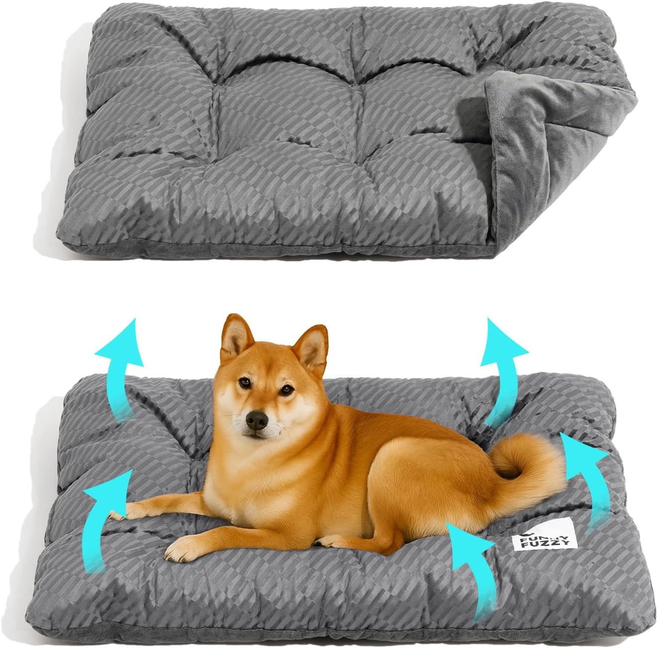 FUNNY FUZZY Washable Dog Crate Pad 35.4x22.8, Double-Sided Cooling Linen & Sherpa, Flat Crate Mat/Kennel Pad, Rectangle Dog Bed for Medium/Large Dogs & Cats, Charcoal Grey