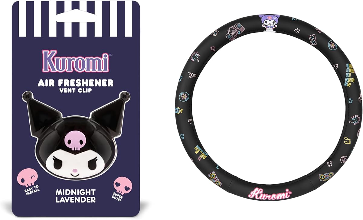 Kuromi Steering Wheel Cover, Official Sanrio Car Steering Wheel Cover with Easy Clip-on Car Air Freshener – Cute and Long-Lasting Kuromi Air Freshener for Car, Odor Eliminator, Fun Scents