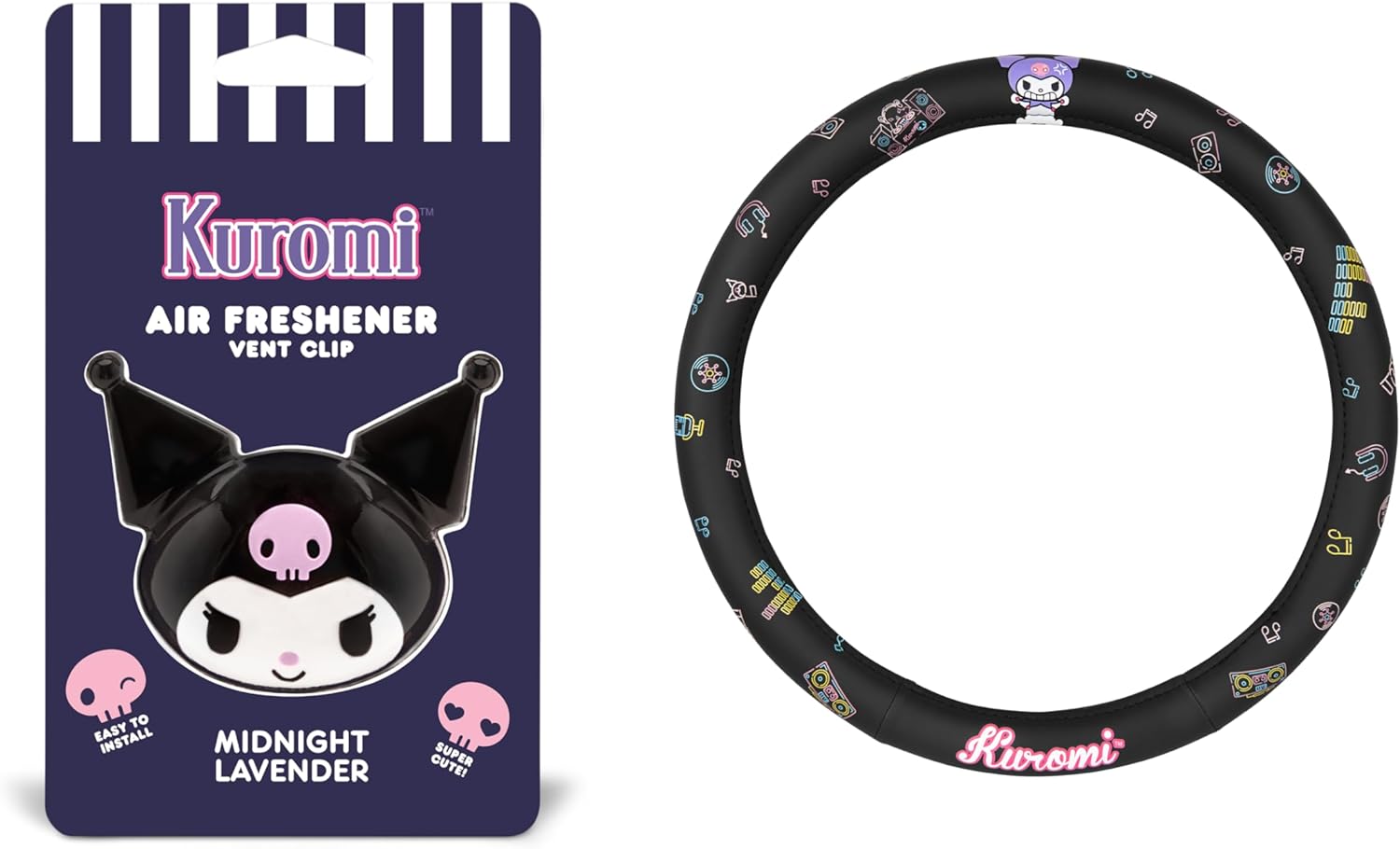 Kuromi Steering Wheel Cover, Official Sanrio Car Steering Wheel Cover with Easy Clip-on Car Air Freshener – Cute and Long-Lasting Kuromi Air Freshener for Car, Odor Eliminator, Fun Scents