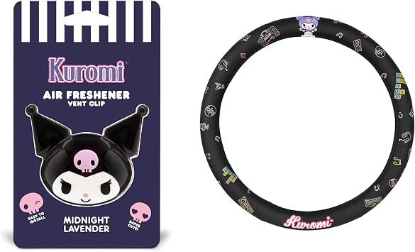 Kuromi Steering Wheel Cover, Official Sanrio Car Steering Wheel Cover with Easy Clip-on Car Air Freshener Cute and Long-Lasting Kuromi Air Freshener for Car, Odor Eliminator, Fun Scents