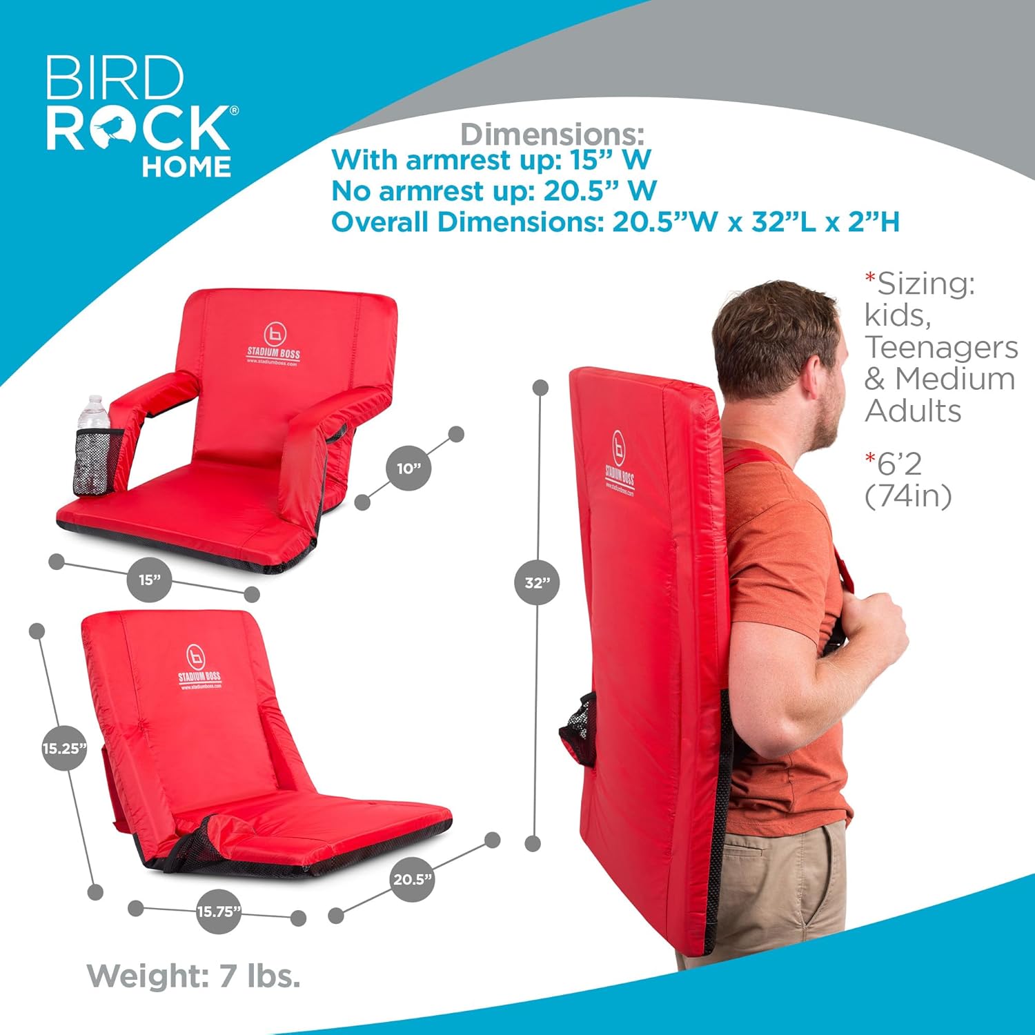 Stadium Boss Recliner Stadium Seat for Bleachers, Benches, Lawns, Backyard, Camping & Beach – Padded Sport Chair, Cushion Backs & Armrest – 6 Reclining Positions – Portable Carry Straps – Red
