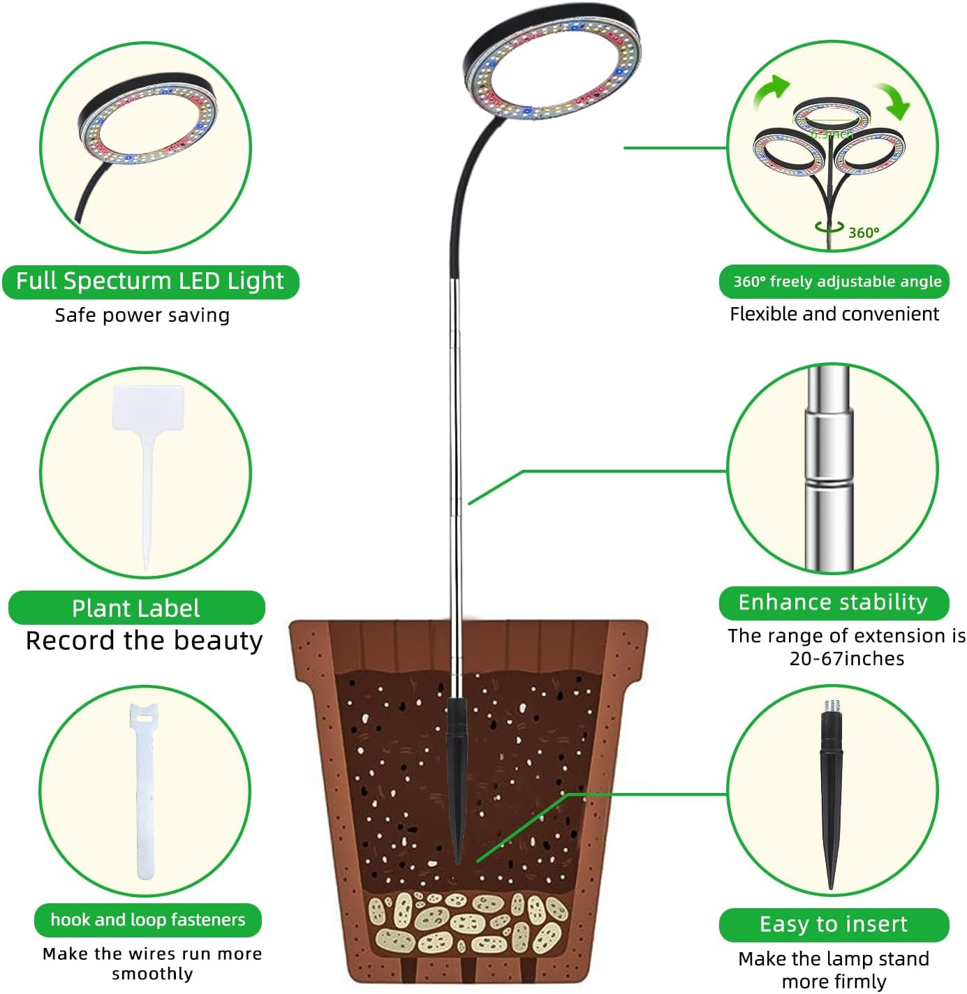Full Spectrum LED Grow Light, 84 LEDs with 3 Color Modes, 67in Adjustable Gooseneck, 360° Rotating Head, Desktop Plant Light with Timer, 10 Brightness Levels, (Black)