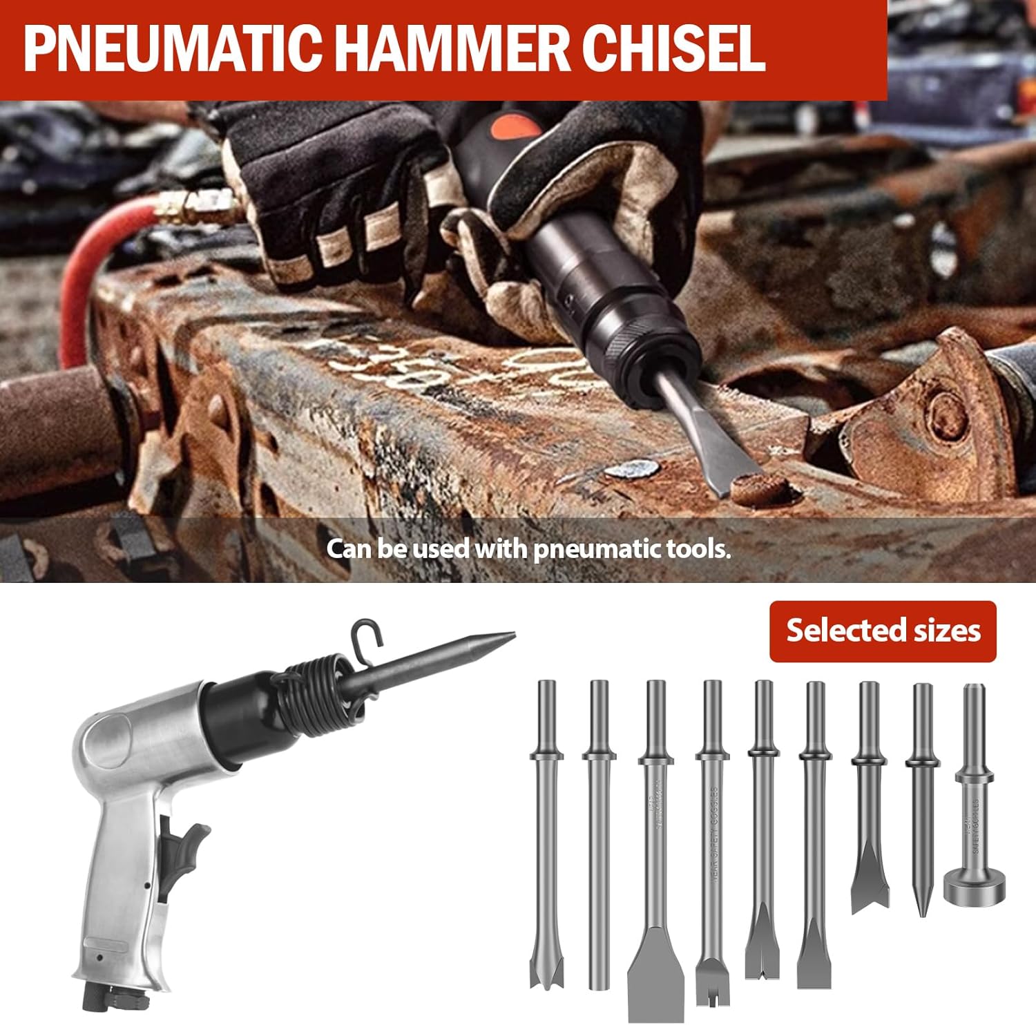 9Pcs Metal Air Hammer Bits Set for Rust Removal Drilling Sturdy Pneumatic Chisel Set Versatile Air Chisel Bits for Tile Masonry Concrete Stone Demolition