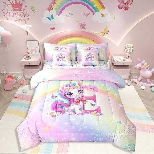 Unicorn Comforter,3D Pink Blue Unicorn Floral Bedding Set 7 Pcs,Twin Gradient Gl