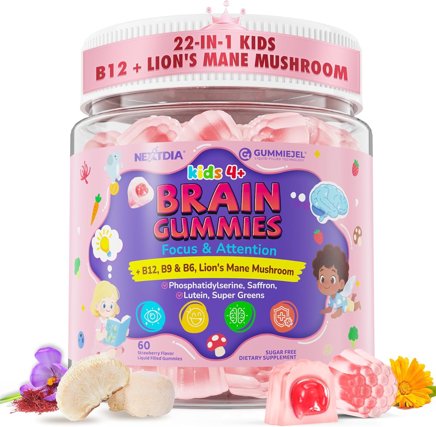 Kids Brain Gummies with Lion's Mane Mushroom, Methyl B6, B9, B12, Super Greens, Lutein, Brain Booster Supplement for Focus & Attention, Cognitive Function, Vision & Energy, Sugar Free, Vegan 60 Count