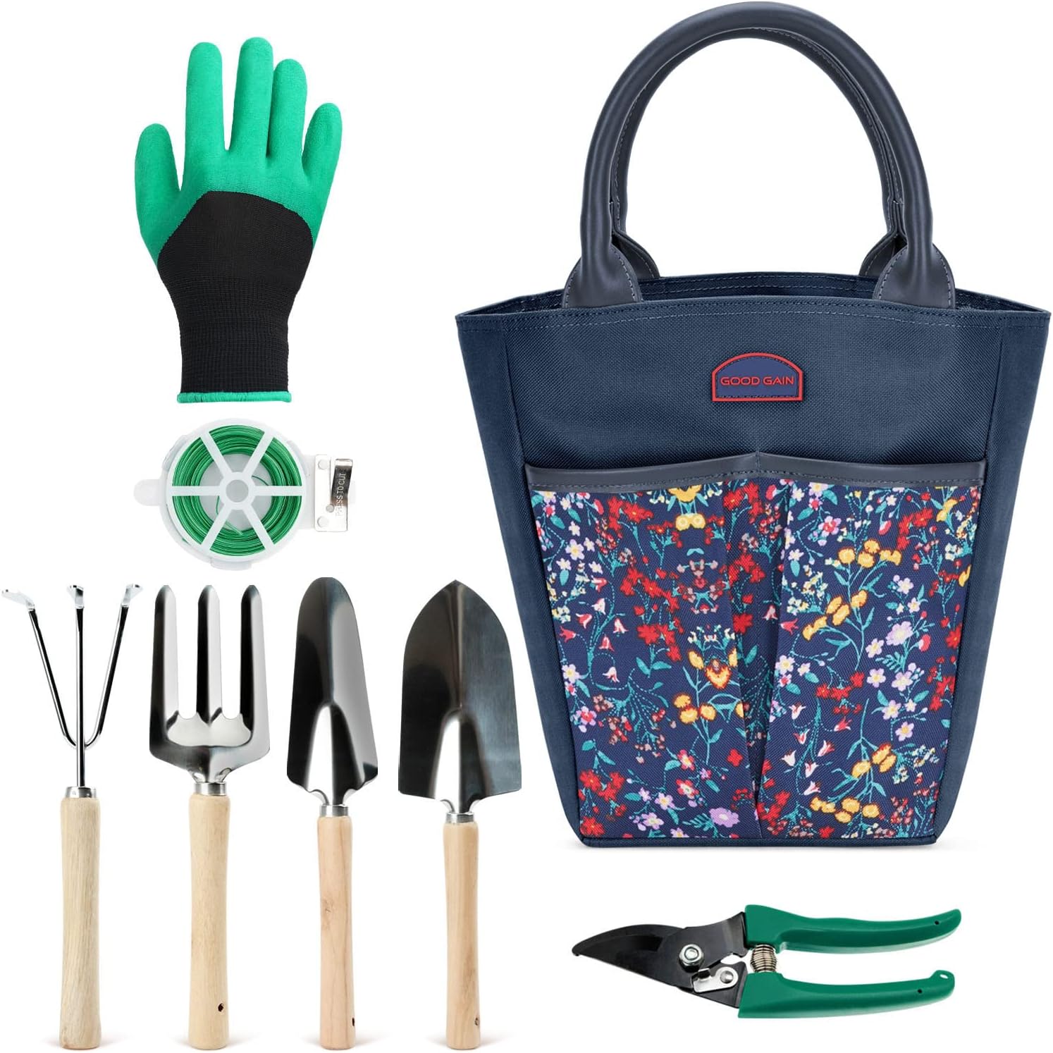 9 Piece Garden Tools Set, Gardening Organizer Kit with Storage Tote Bag, Heavy Duty Planting Tools, Digger Gloves, Binding Wire and Pruner, Great Gift for Women & Men Mothers' Day. Blue