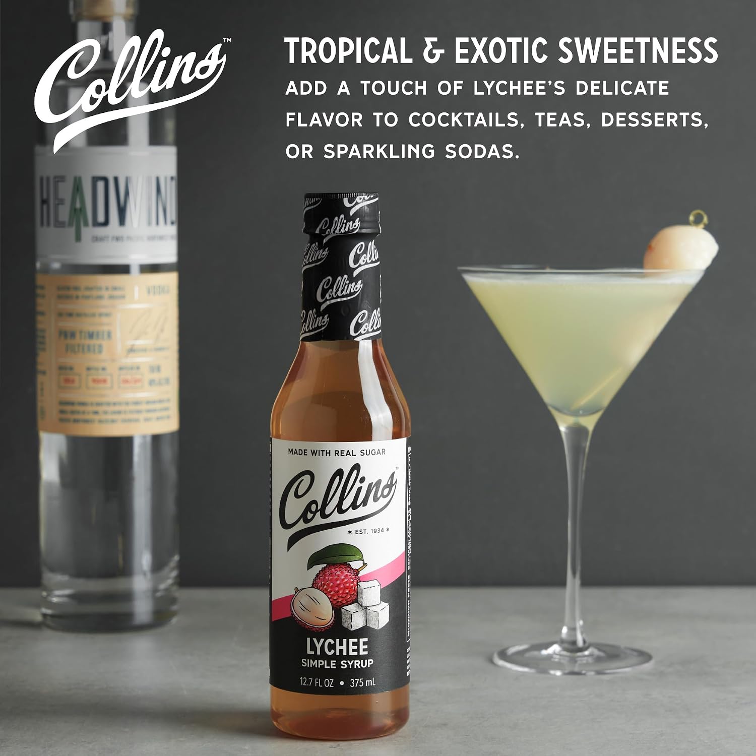 Collins Lychee Simple Syrup for Cocktails, Martinis, Mojitos, Sorbets, Teas, and Desserts, No Artificial Colors or Flavors, Home Bar Accessories, Party Essentials, 12.7 oz, Set of 1