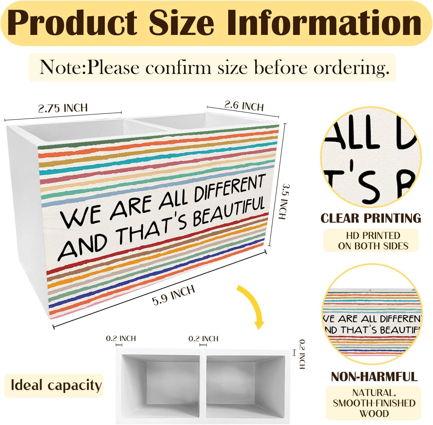 Rainbow Inspirational Pen Holder for Desk, Diversity Equality Classroom Pencil Organizer, We Are All Different Colorful Wooden Box Sign Desk Decor for Classroom Home Office Decoration image 2