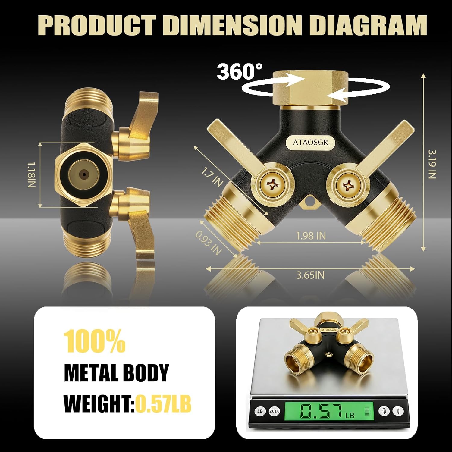 Hose Splitter 2 Way Heavy Duty, Metal Body Full Flow Garden Hose Splitter with Shut-Off Valve,3/4'' GHT Connector Water Hose Bib Y Spigot Splitter, For Outdoor Spigot Faucet and horticultural use.