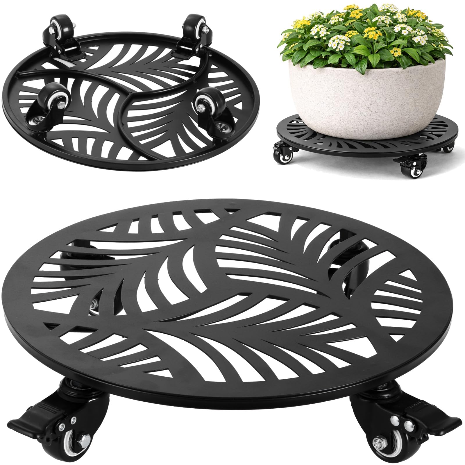 1-pack Metal Plant Caddy with Wheels 13.5" Large Heavy-duty Rolling Plant Stands with Casters Wheeled Planter Dolly Pot Mover Rollers Rust-proof Round Garden Trolley Coasters for Indoor Outdoor Use