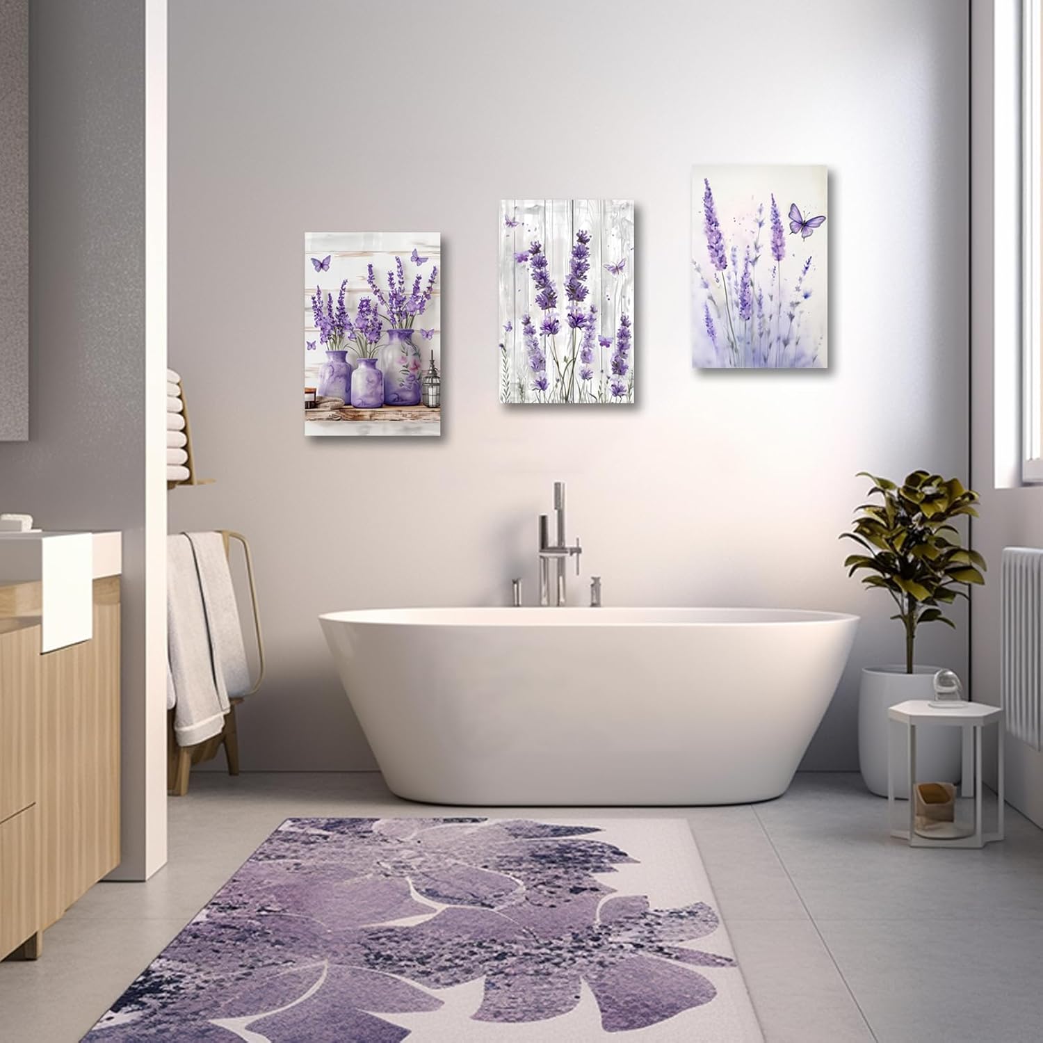 SWQYLB Lavender Wall Art 3 Pieces Purple Floral with Butterfly Canvas Prints Country Flower Art Picture Rustic Farmhouse Kitchen Bathroom Decor Framed (Purple, 12.00" x 16.00" x 3PCS)