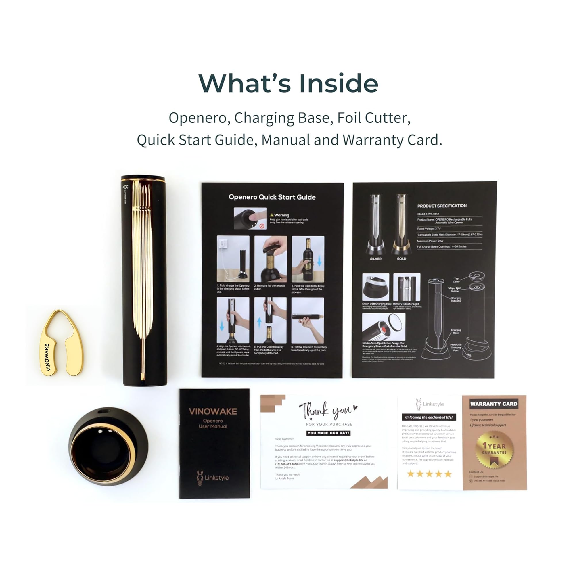 VINOWAKE Openero - Abrevino eléctrico de LINKSTYLE - Batería recargable con base de carga, cortador de lámina de acero de precisión, acabado mate lujoso 9