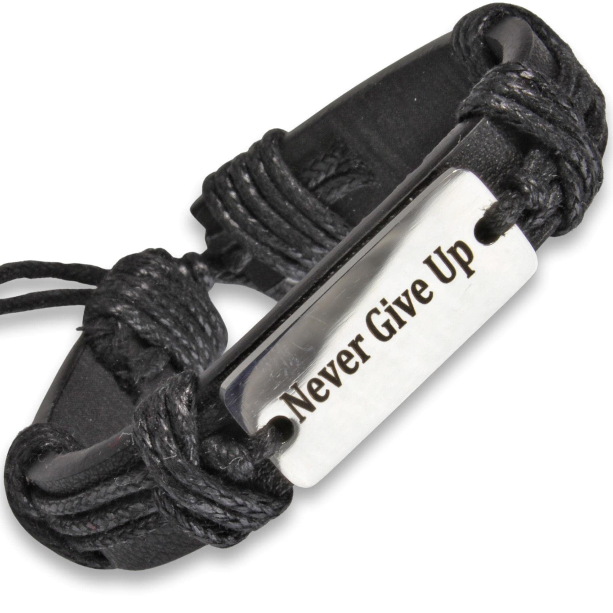 Soul Statement WWJD and Jesus Leather Bracelets For Men and Teens, Perfect for Spiritual, Inspirational, Anxiety, and Sobriety Gifts (Never Give Up - Black)