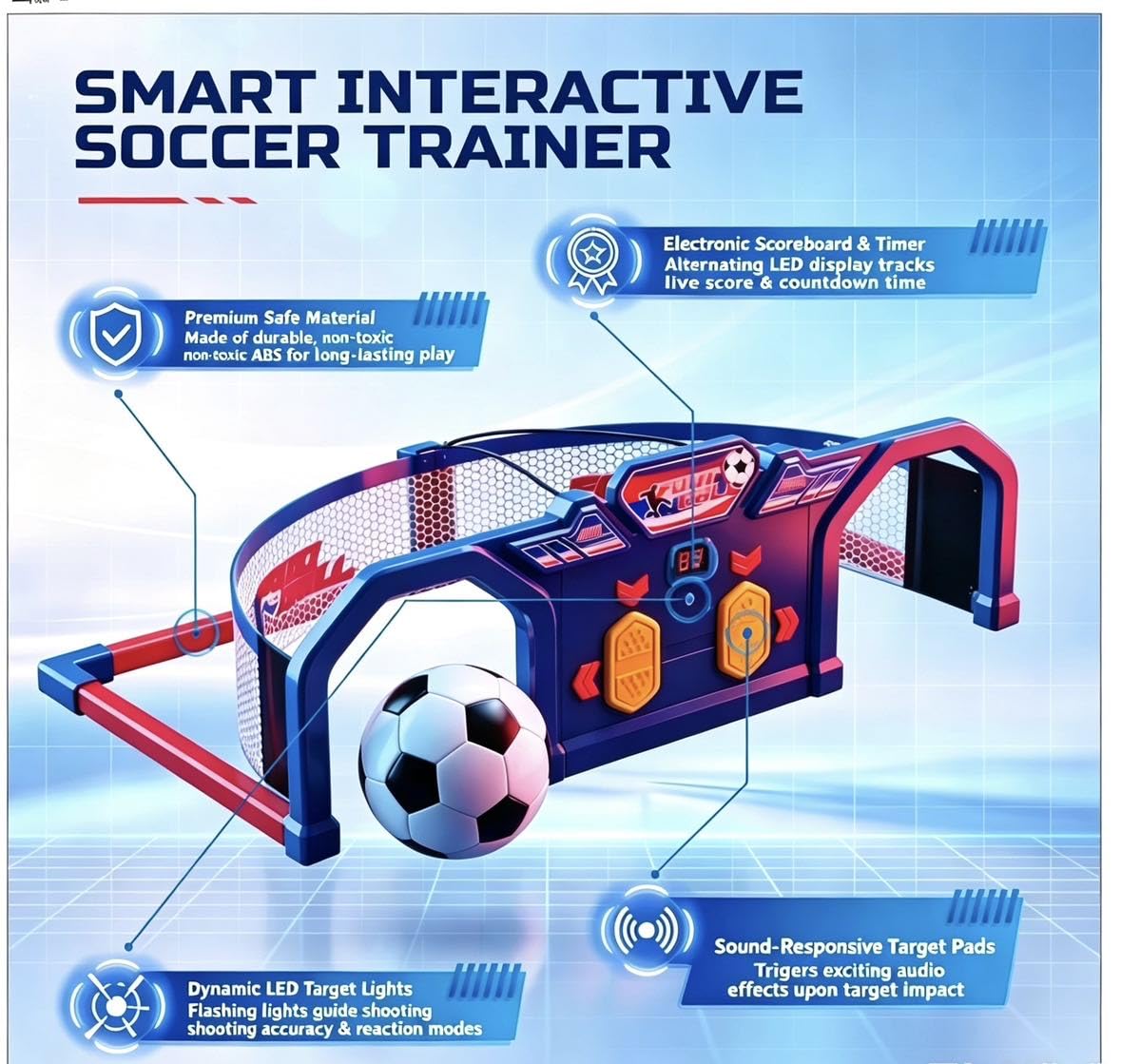 Eagle Stone Fußball Trainer Fußballtor mit LED-Punktanzeige, 4-in-1 Fußball-Trainingsgerät, Fußballtraining Spiele Fußballaktivitäten Indoor & Outdoor Spielzeug ab 4 Jahre