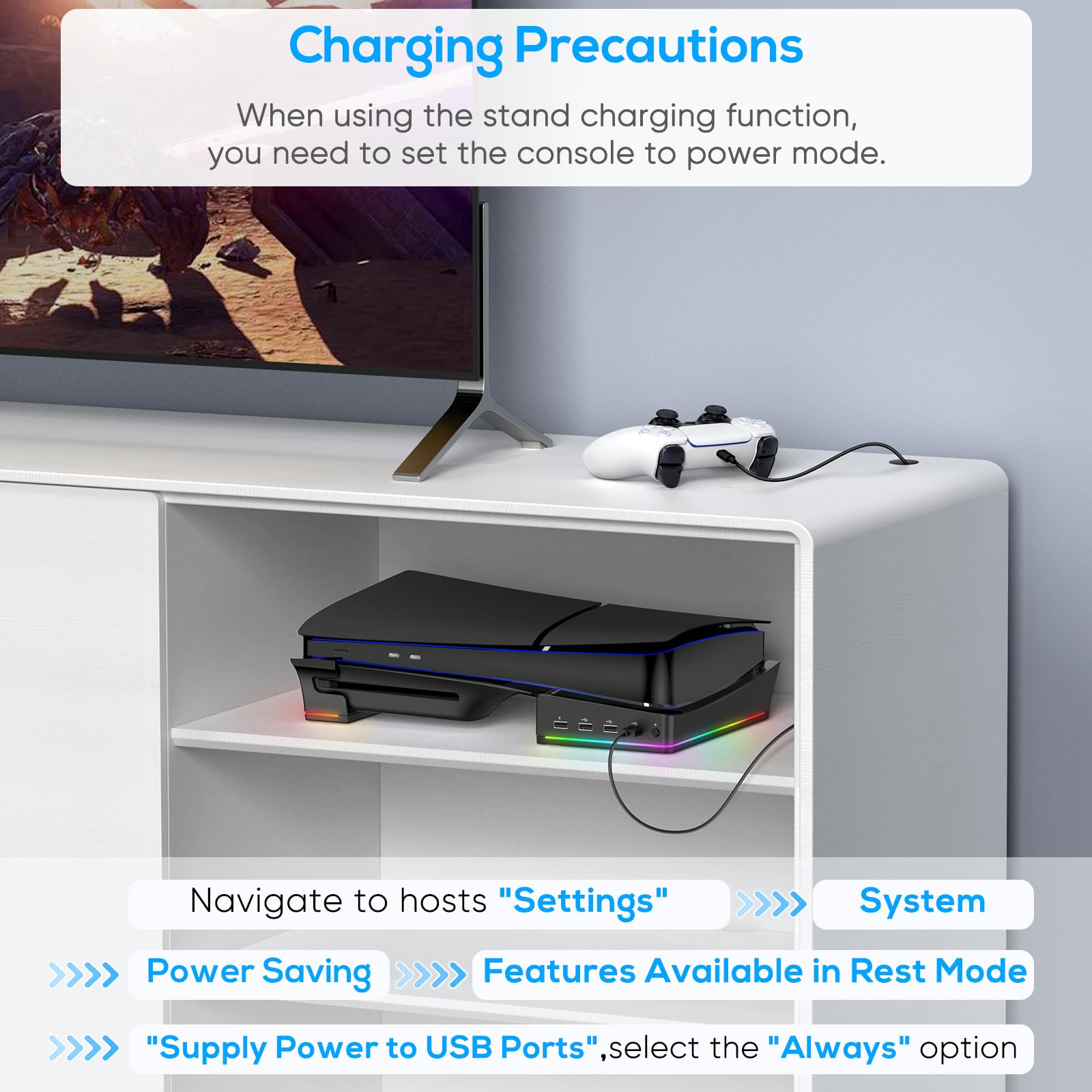 FYOUNG Supporto orizzontale aggiornato per PS5 Slim Digital & Disc Edition con 14 luci RGB, base antiscivolo accessori con 4 porte USB - Solo per Playstation 5 Slim 2023 (nero), P5S2B