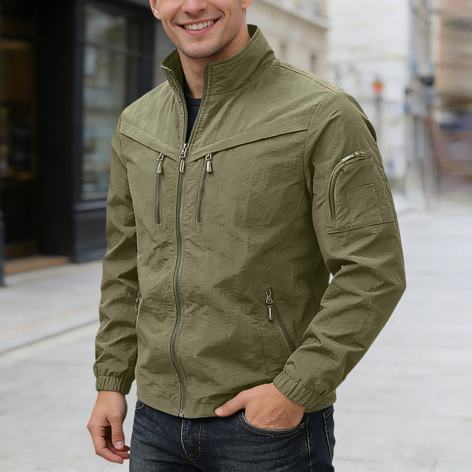 Jacke Herren Sommer Freizeit Bomberjacke Mit Viele Reißverschluss Taschen Wanderjacke Atmungsaktiv Leichte Übergangsjacke Einfarbig Safarijacke Casual Stehkragen Softshelljacke Arbeitsjacke