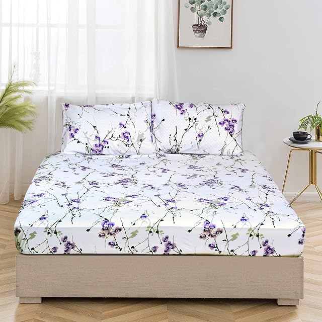 Cotton Comfort Bedding Printed Double Fitted Sheet 100% Egyptian Cotton Exotic Lilac Floral Design 400 Thread Count 30cm/14 Extra Deep Fitted Double Bed Sheets