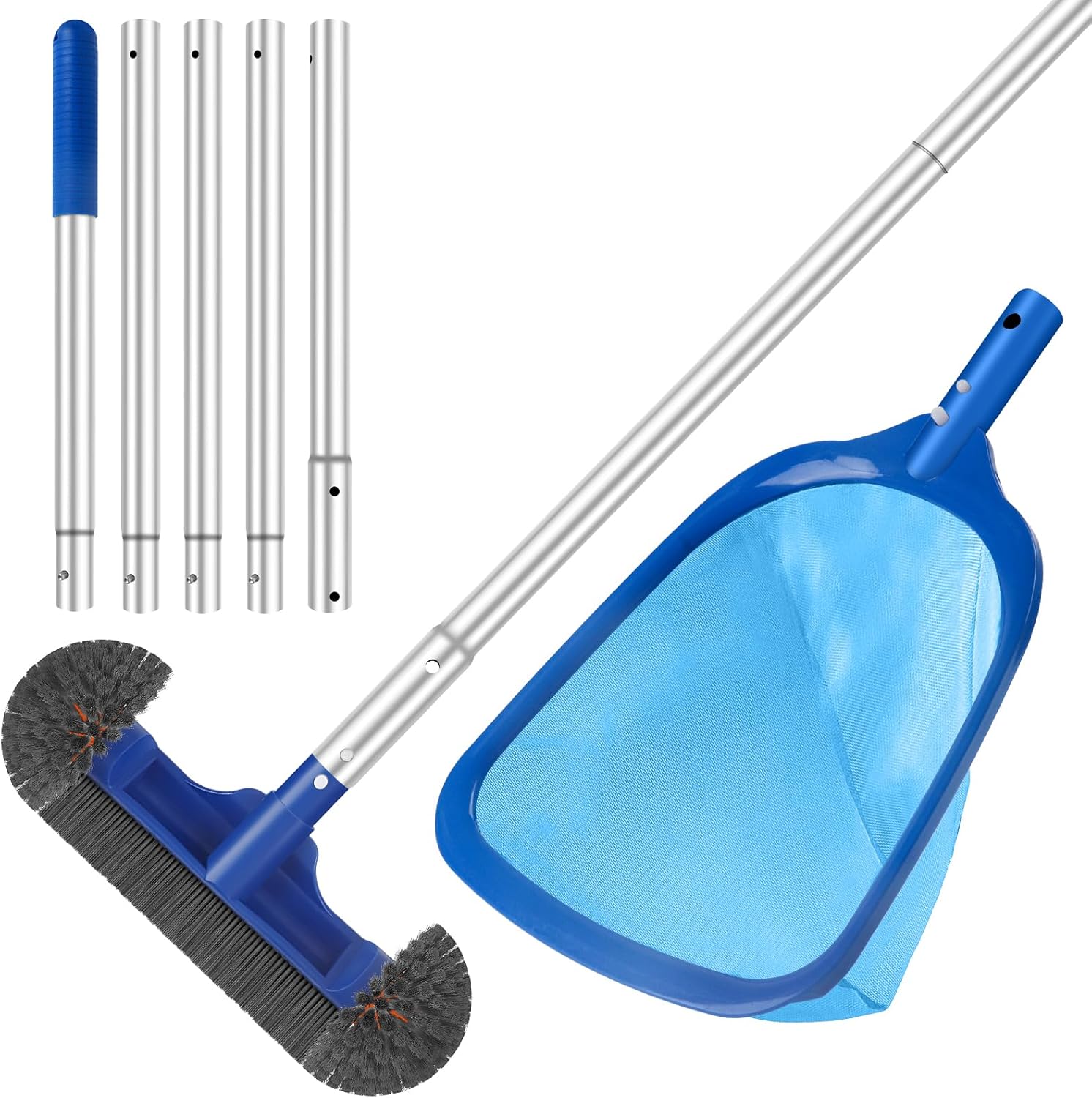 Swimming Pool Cleaning Kit Including 12.5 in Pool Brush Head,Ultra Fine Mesh Pool Leaf Skimmer Net with Maximum Length 76.5 in Aluminum Pole for Remove Debris and Dirt