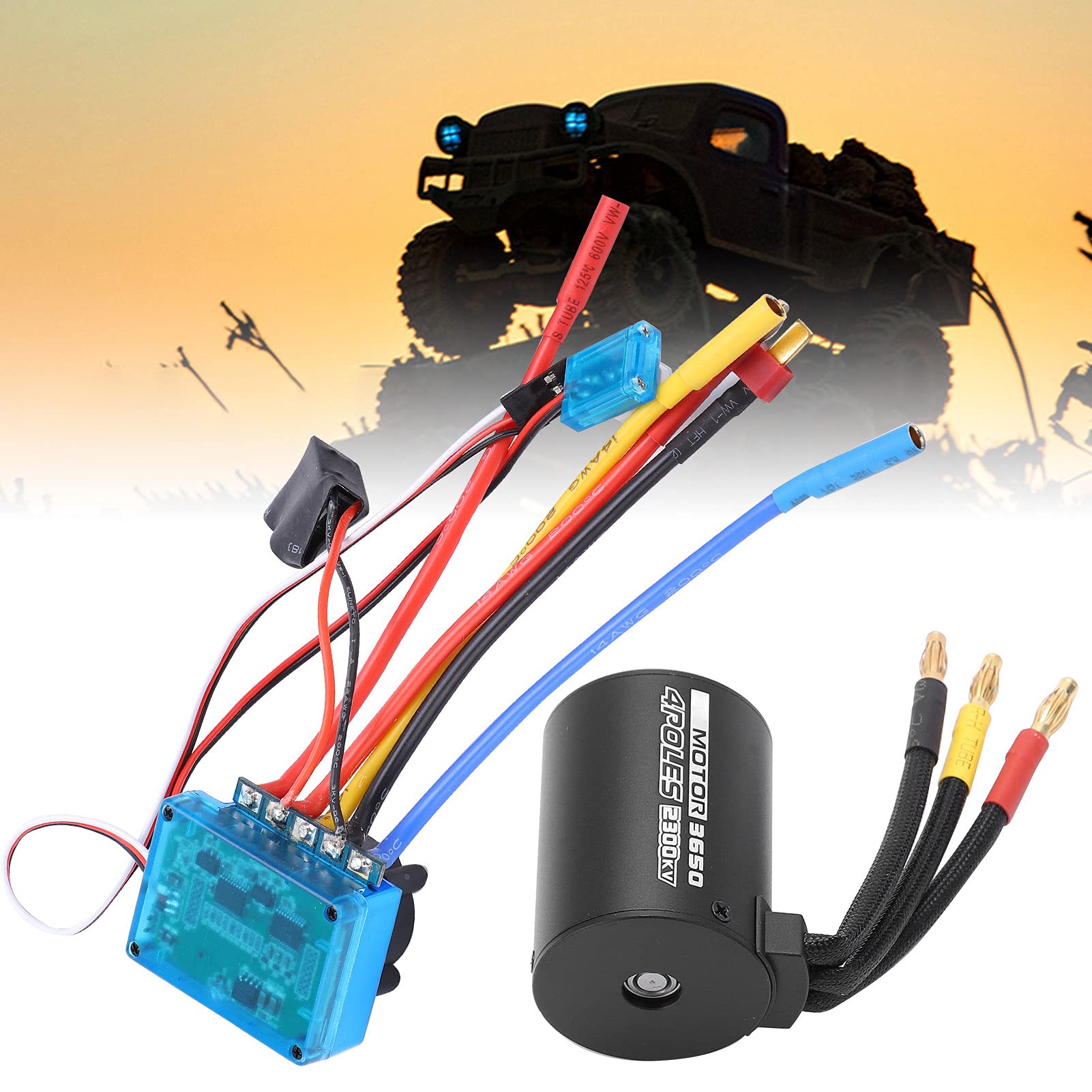 RC 3650 2300KV Motor Brushless Waterproof, 60A ESC Combo for 1/10 RC Car, 4 Poles High Torque 900W Motor with CNC Aluminum Heat Sink, Compatible with 2 - 3S LiPo
