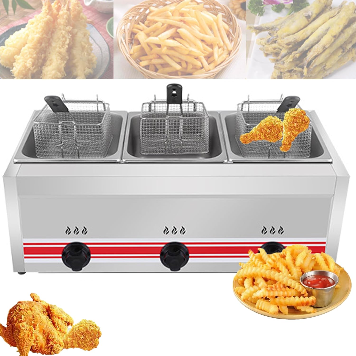 Commercial Single/Double-cylinder Gas Deep Fryer,Thickened Stainless Steel Countertop Oil Fryer, Large Capacity With Temperature Control,Double Fryer (C)