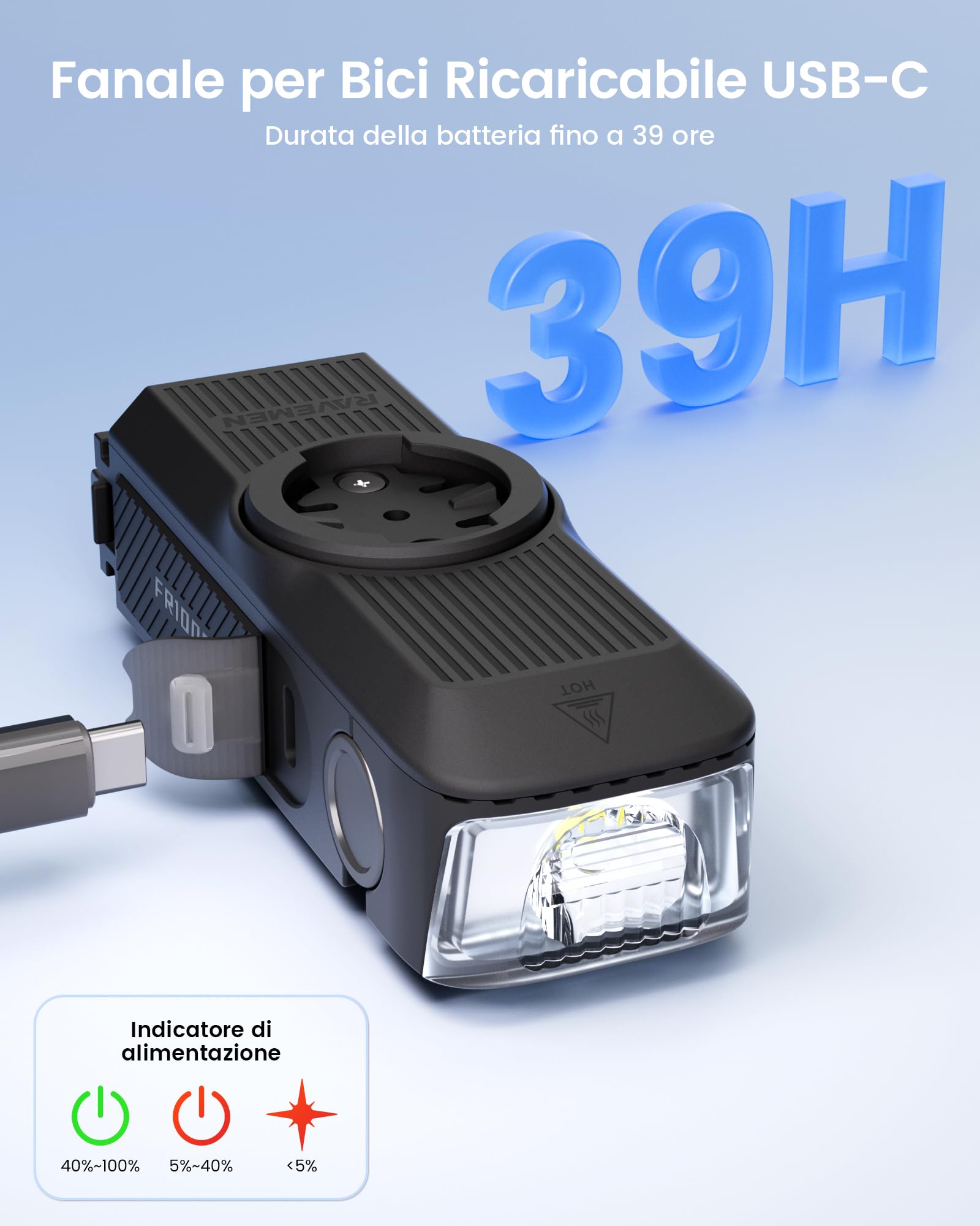 RAVEMEN FR1000 Fanale Anteriore per Bici Illuminazione Notturna e Visibilità Diurna Compatibile con Garmin/Wahoo/Bryton Ciclocomputer, Luce e supporto Integrati, Accensione/Spegnimento Automatico IPX6