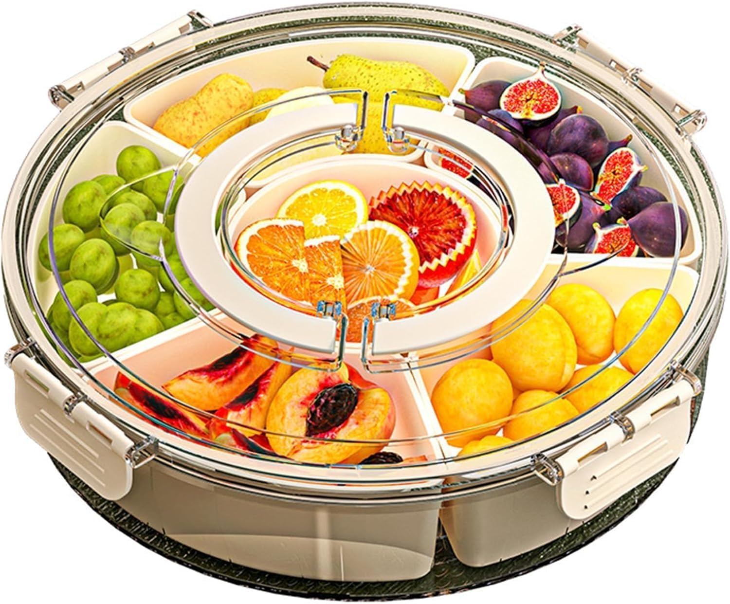 Contenitore portatile per snack con coperchio e manico, vassoio girevole con 6 scomparti trasparenti per snack, frutta, dolci, ideale per feste e viaggi