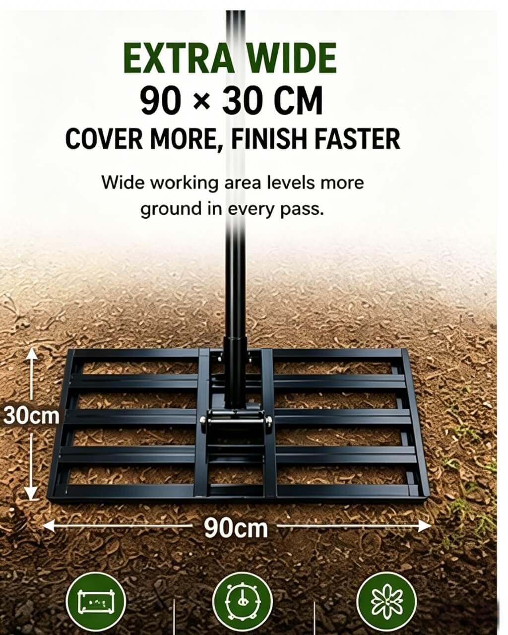 Rasen Rakel 90×30 cm mit 190 cm 3-teiligem Stiel, 6 kg Stabiler Gardena Nivellierrechen mit abgerundeten Kanten, ideal für Rasenpflege, Topdressing und Rasenabziehen