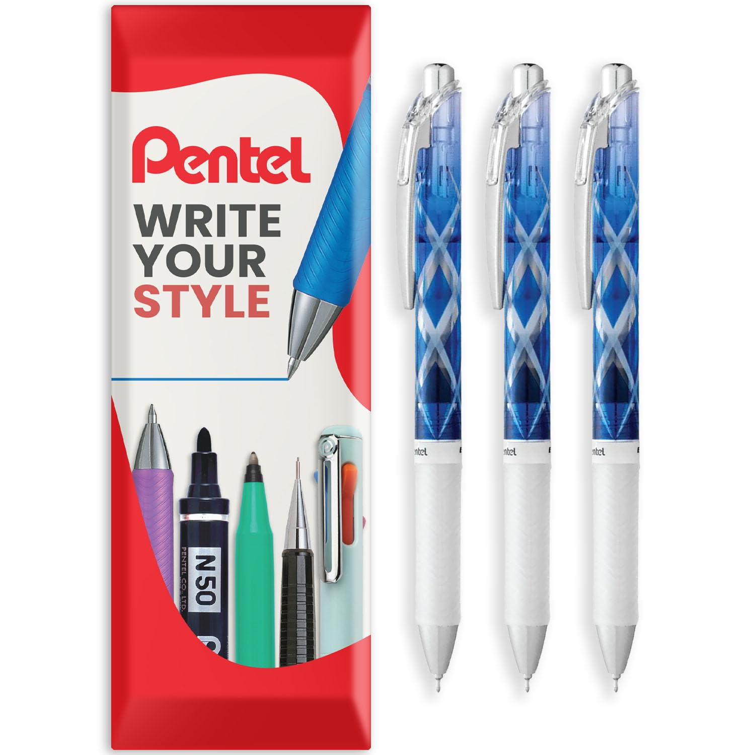 Pentel EnerGel Gel Ink Retractable Rollerball Pen - BLN75 0.5mm Nib - Edo Kiriko Limited Edition Pens - Black Ink - in Envelope Gift Packaging (Blue Pack of 3)
