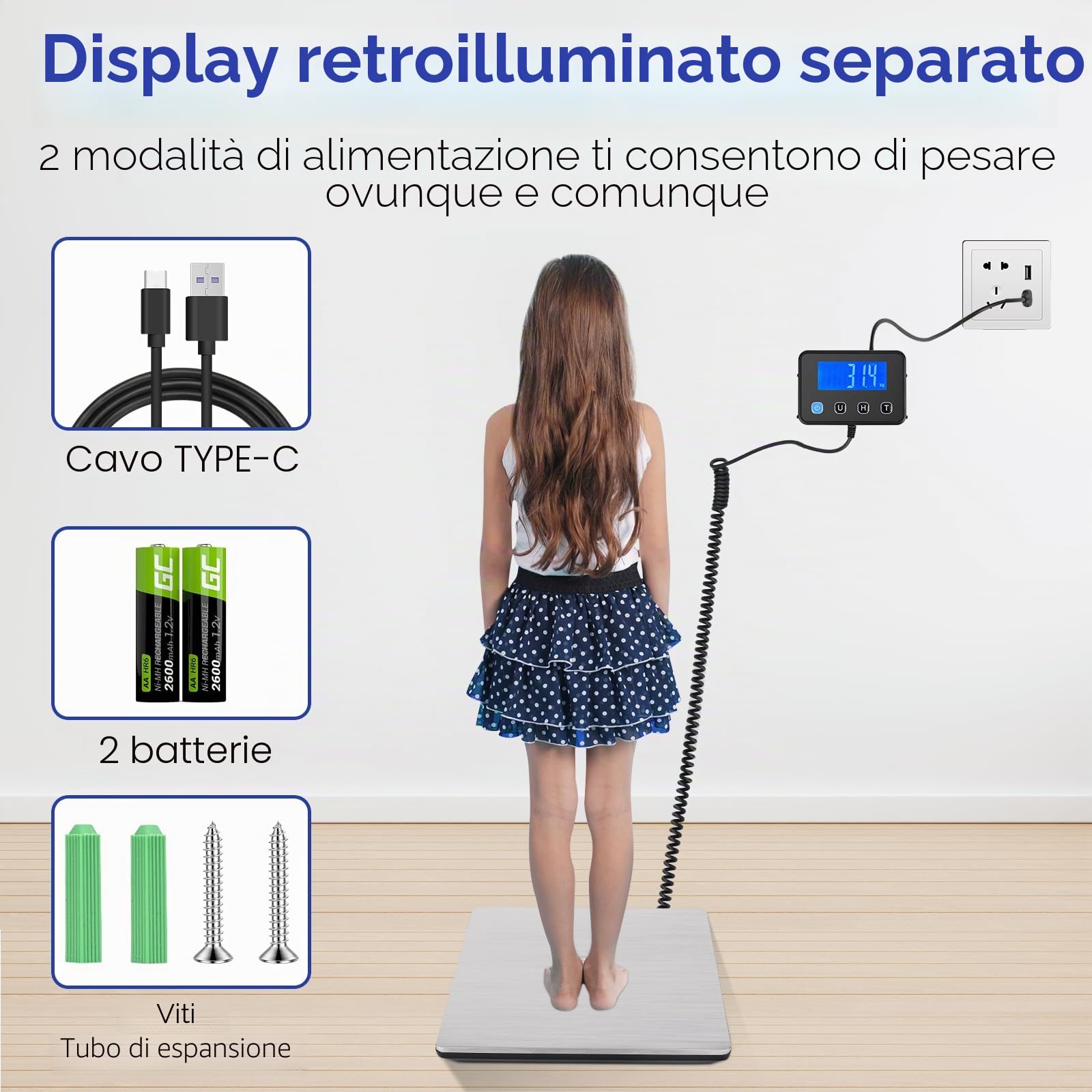 Bilancia Pesa Pacchi, 50g-200kg Bilancia Postale, Bilancia Digitale con Hold e Funzione Tara per Affari Bagagli Ufficio, Piattaforma in Acciaio Inossidabile, Display LCD Esterno