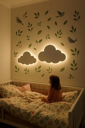 2li Bulut Gece Lambas  Bebek  ocuk Odas  Duvar Dekorasyonu Aydnlatma Ah ap Gece Lambas