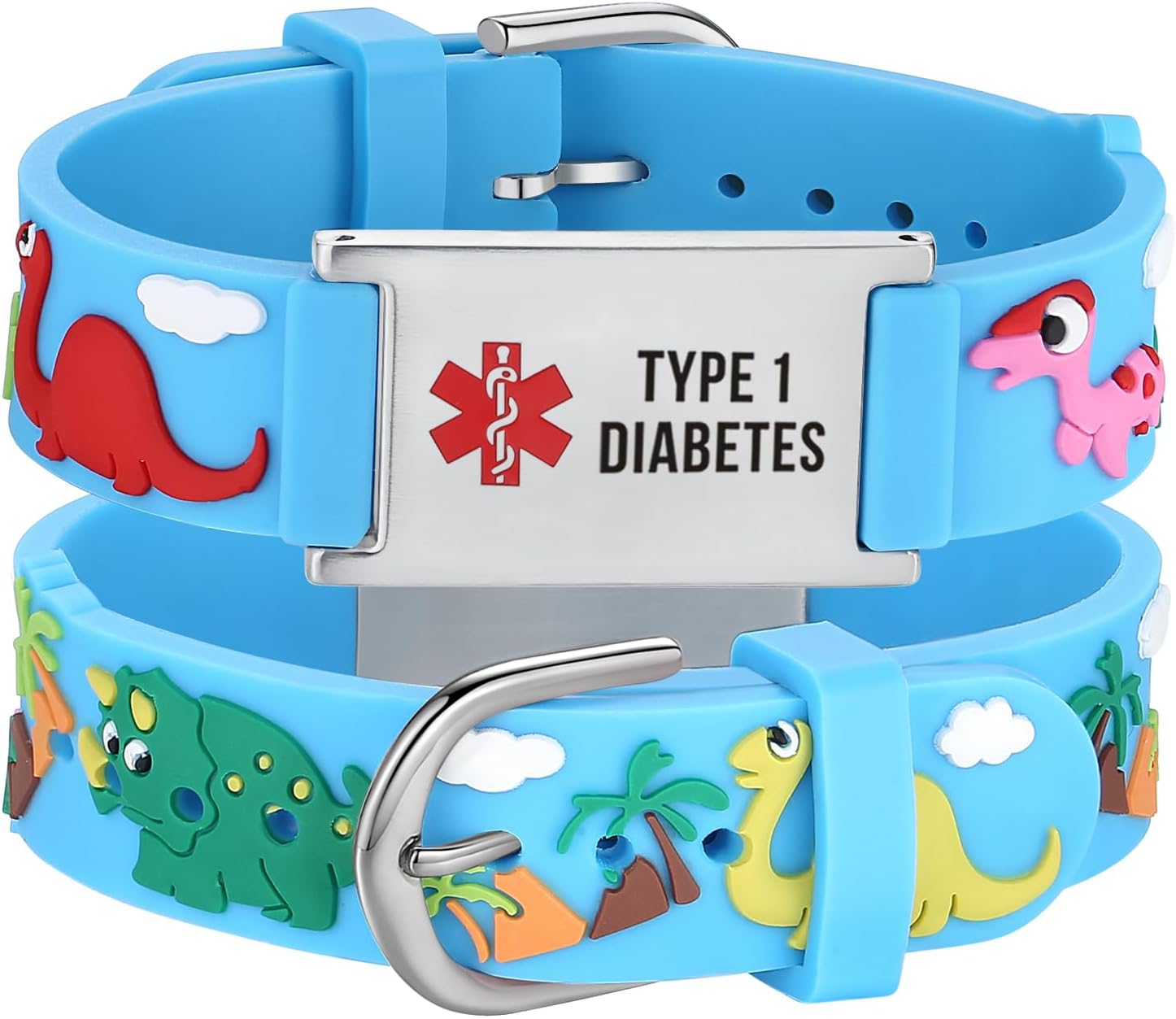 LinnaLove Medical Alert ID Bracelet – Custom or Pre-Engraved, QR Code Available,Blue Dinosaur Band