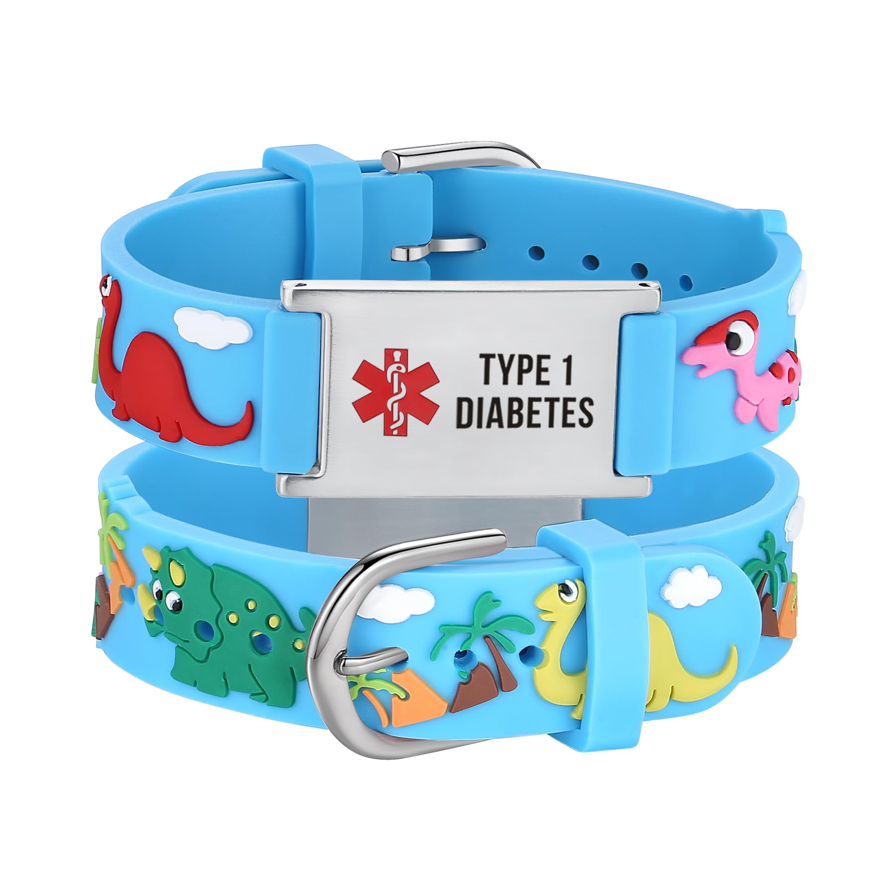 LinnaLove Medical Alert ID Bracelet – Custom or Pre-Engraved, QR Code Available,Blue Dinosaur Band