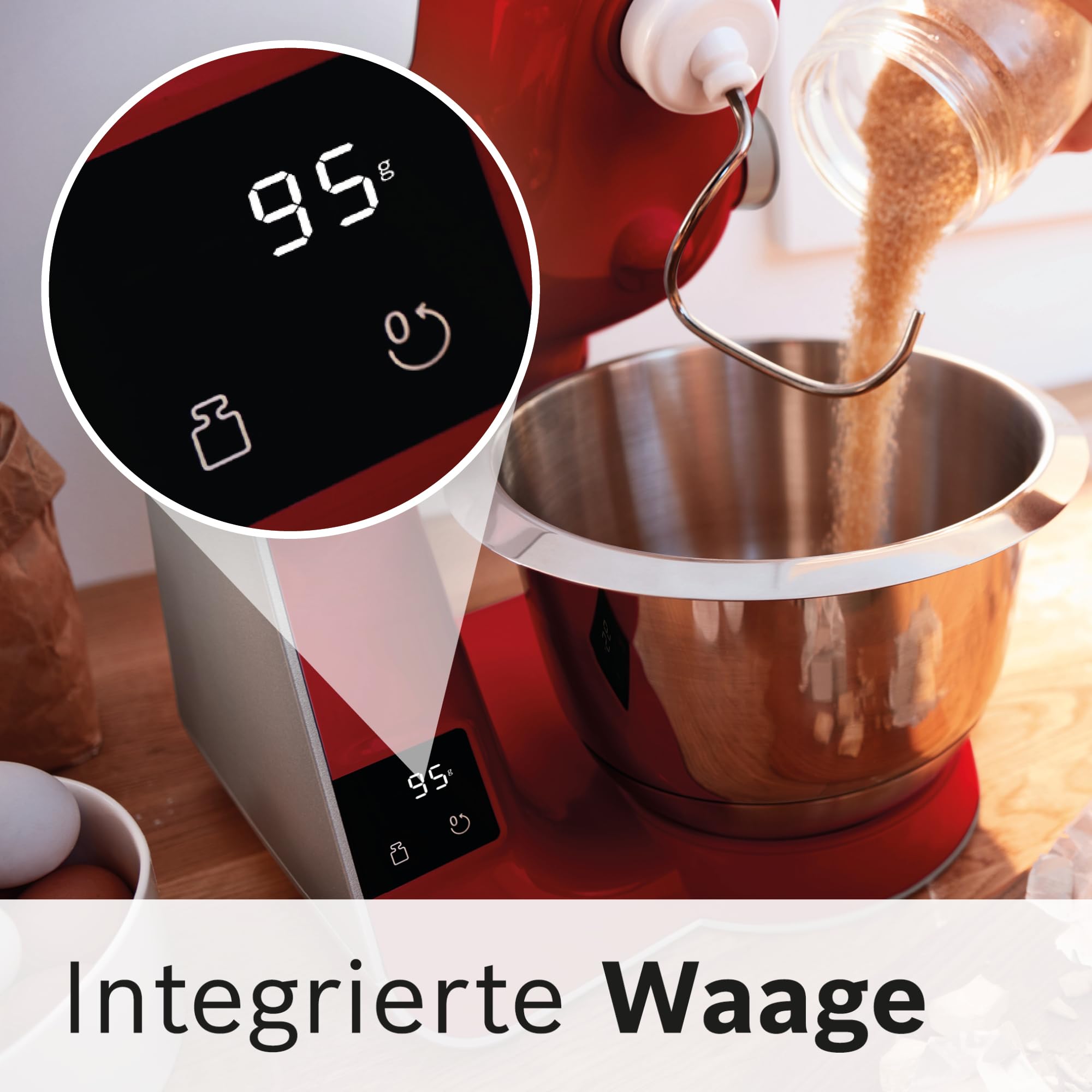 Bosch Küchenmaschine MUM5 MUM5X720, integrierte Waage,Edelstahl-Schüssel 3,9L, Mixer 1,25L, Profi-Knethaken, Planetarisches Rührgetriebe, Rührbesen, Durchlaufschnitzler, 1000 W, Silber/Dunkelrot