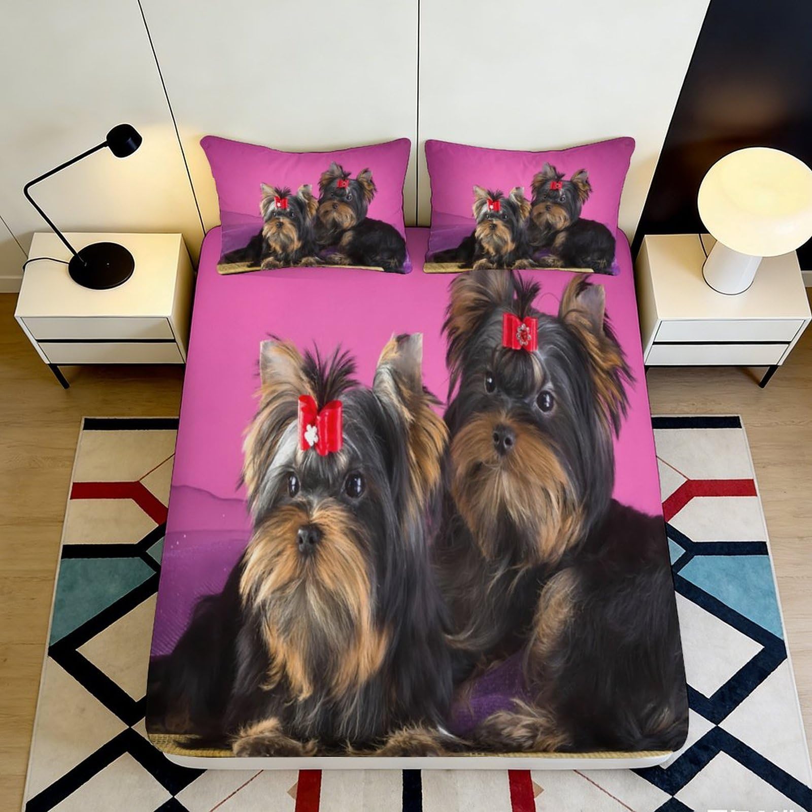 3D Printed Yorkshire Terrier Dog Fitted Sheet Microfiber Pink Bed Cover Non Slip Machine Washable Bedroom Decor 90x200x25cm