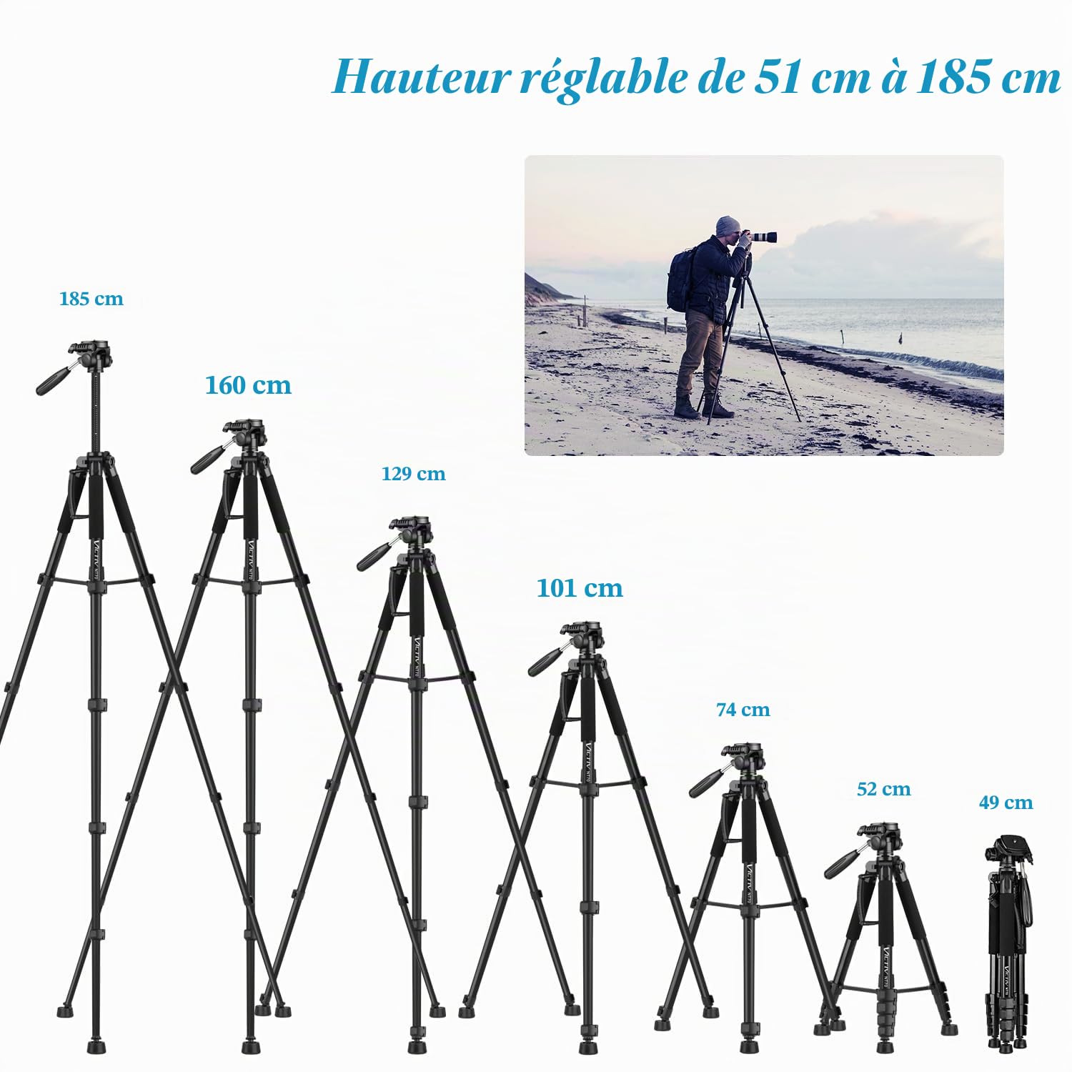 Trépied Appareil Photo pour Smartphone, Victiv 185cm Trépied Caméra en Alliage Aluminium Léger, avec tête pan Amovible à 3 Voies, Trepieds Photo Compatible DSLR Nikon Canon Camera (Nouveau Améliorer)