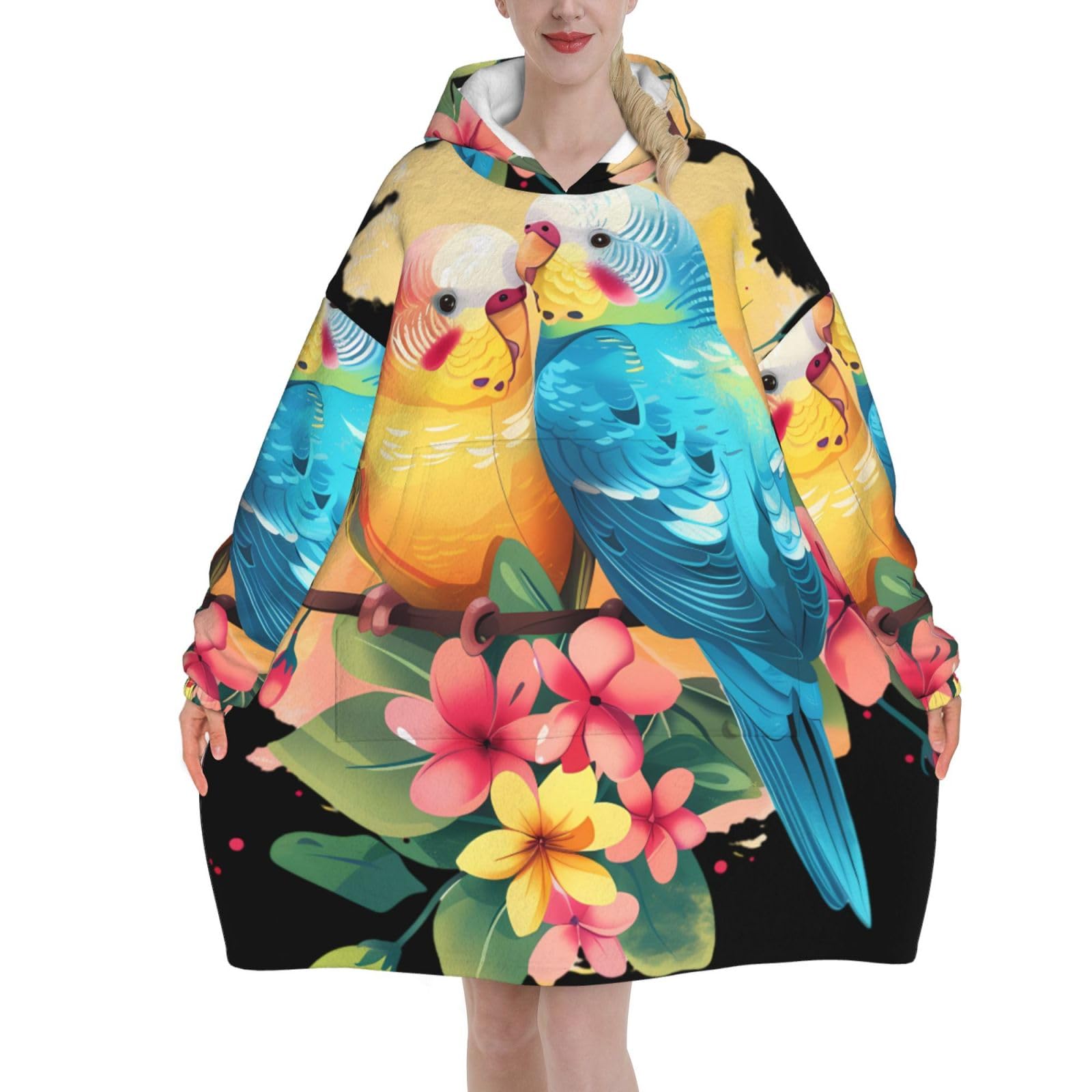 Peiyeety Unisex Budgie Parakeet Lovebird Blanket Hoodies For Women And Men Adult Oversize Wearable Blanket Hoodies For Soft And Warm