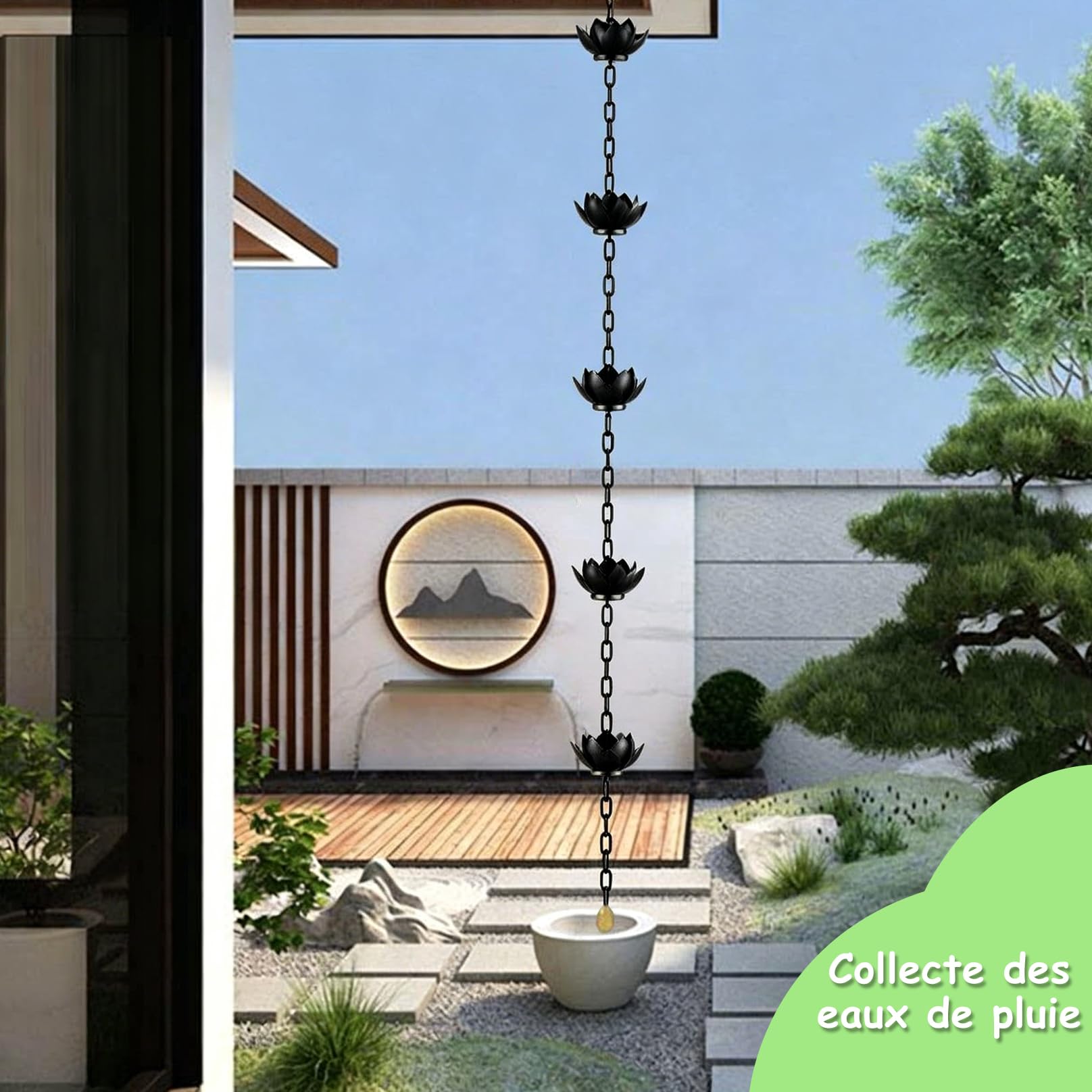 Chaîne de Pluie Décorative avec Coupelles Lotus, Chaîne de Pluie pour l'Extérieur, Pratique et Élégante, Alternatives aux Descentes Pluviales, pour Toit Jardin Terrasse A 2.4m